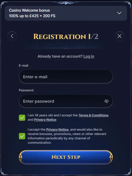 Cazeus casino registration form